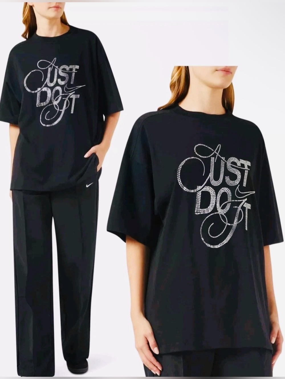 Nike FZ1153-010 Glam Rhinestone Embellished Oversized Black Tee T-Shirt Top M